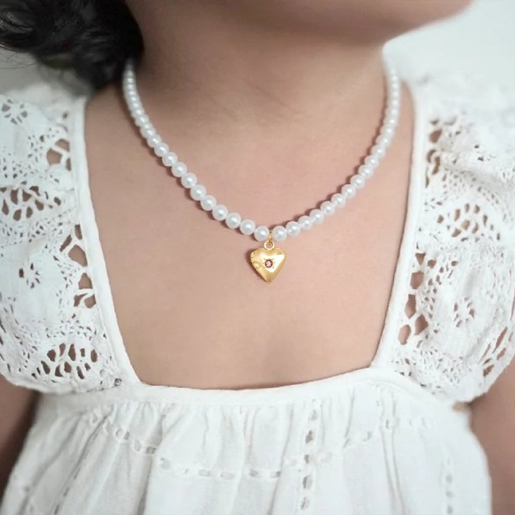 Personalized Birthstone Girl¡®s Heart Locket Pearl Necklace - Glaxias