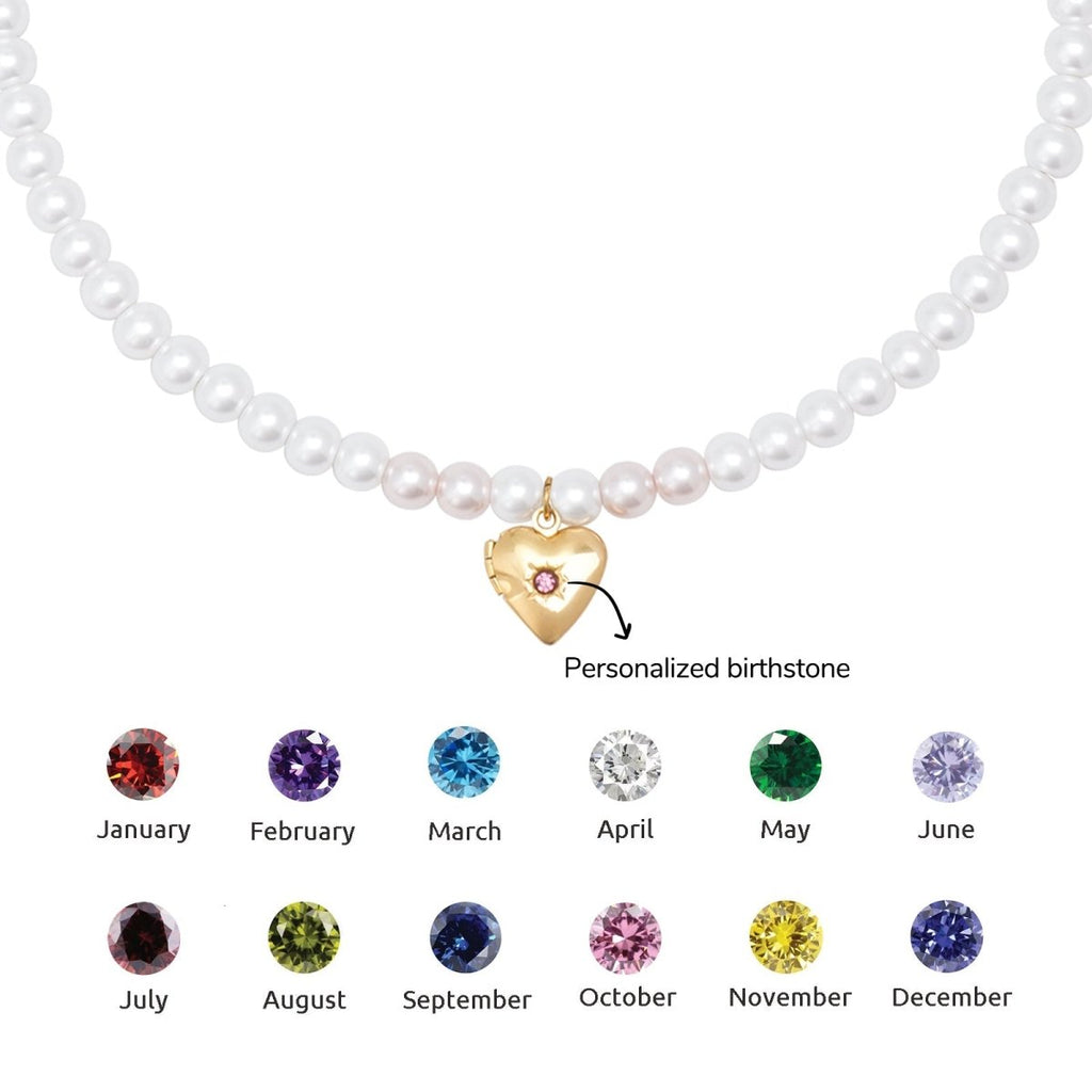 Personalized Birthstone Girl¡®s Heart Locket Pearl Necklace - Glaxias