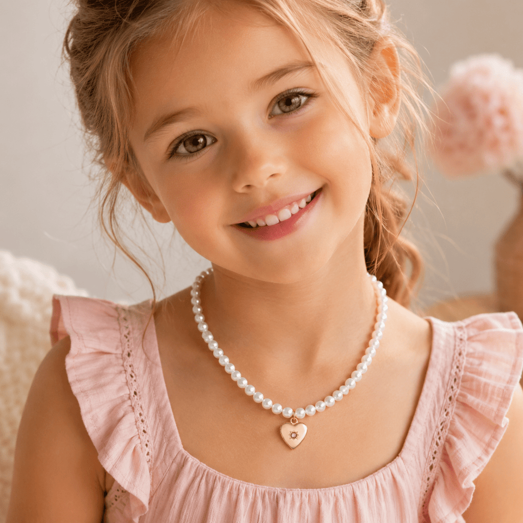 Personalized Birthstone Girl's Heart Locket Pearl Necklace - Glaxias