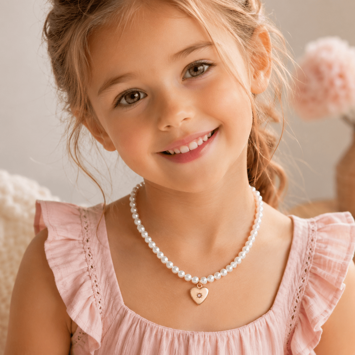 Personalized Birthstone Girl's Heart Locket Pearl Necklace - Glaxias