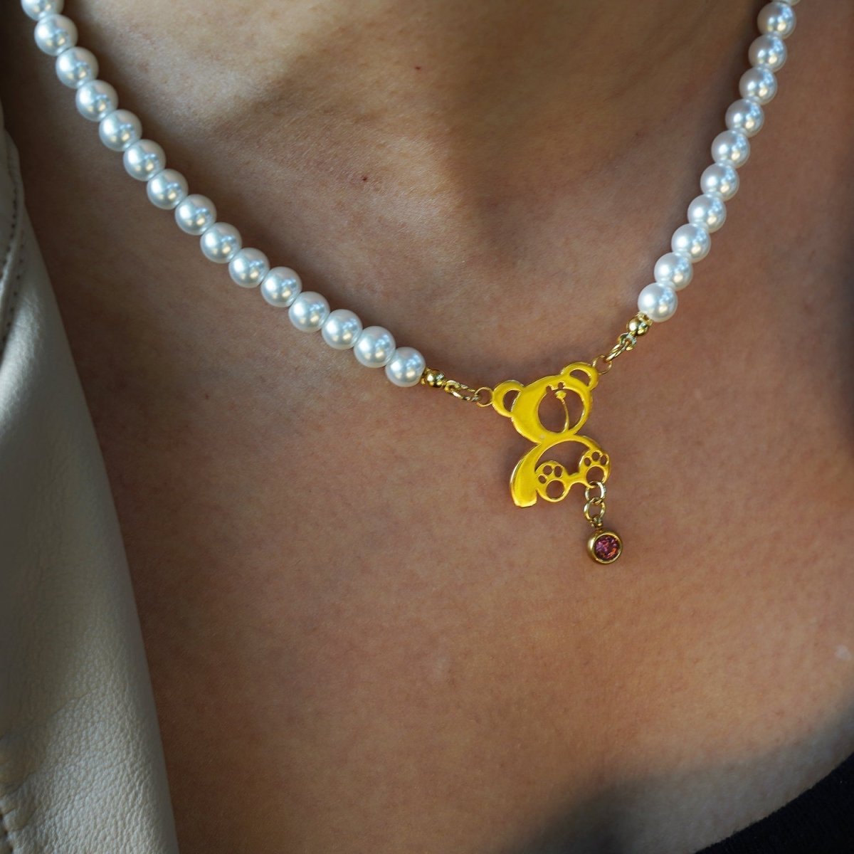 Personalized Birthstone Pearl Bear Pendant Necklace - Glaxias