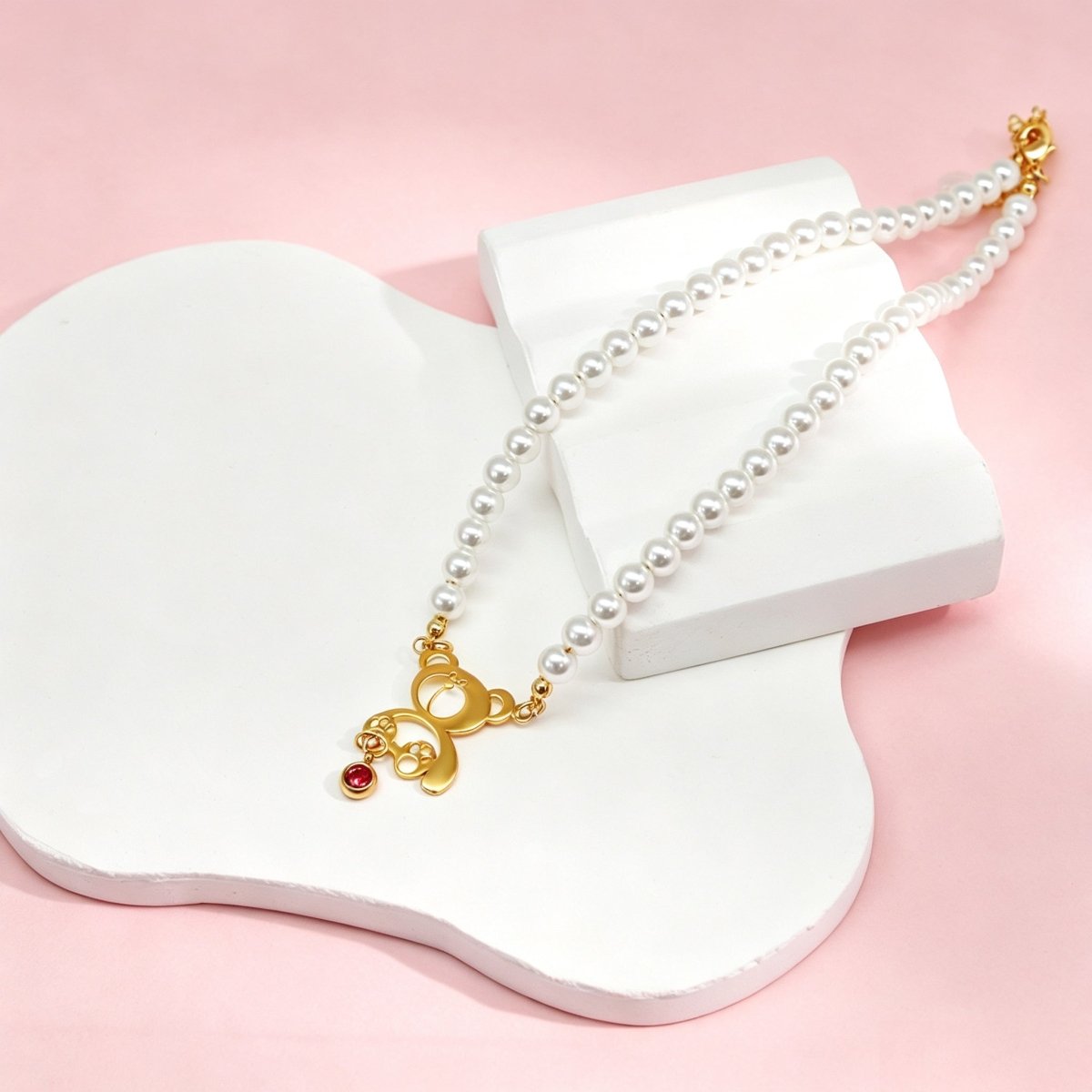 Personalized Birthstone Pearl Bear Pendant Necklace - Glaxias