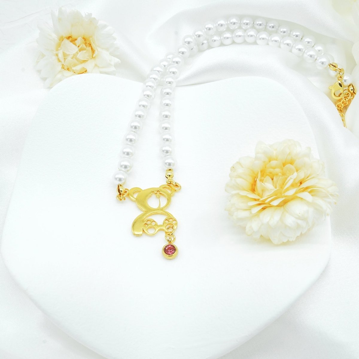 Personalized Birthstone Pearl Bear Pendant Necklace - Glaxias