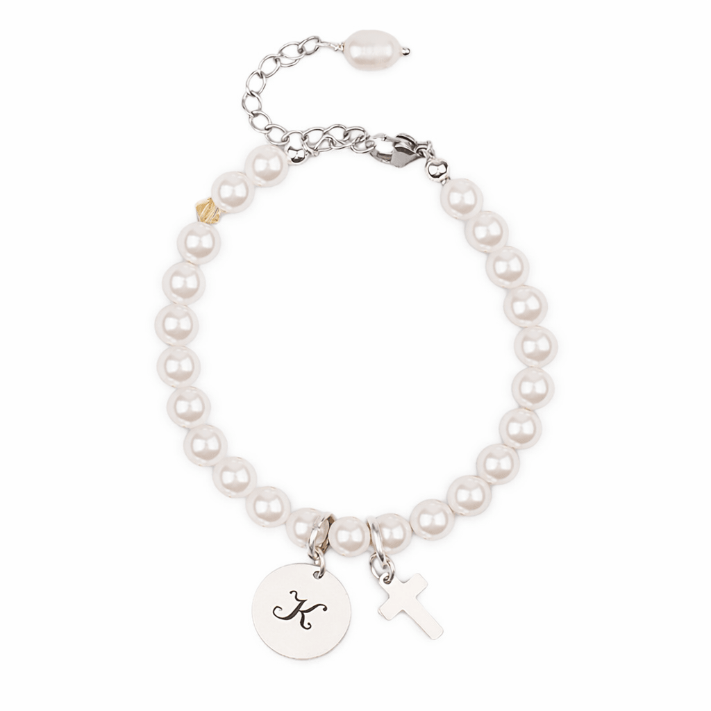 Personalized Childrens Cross and Pearl Bracelet with Initial - Glaxias