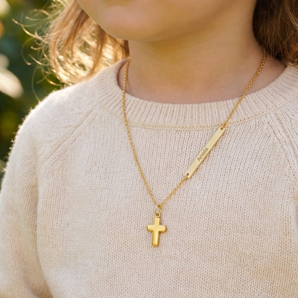 Personalized Childrens Name Necklace with a Tiny Cross - Glaxias