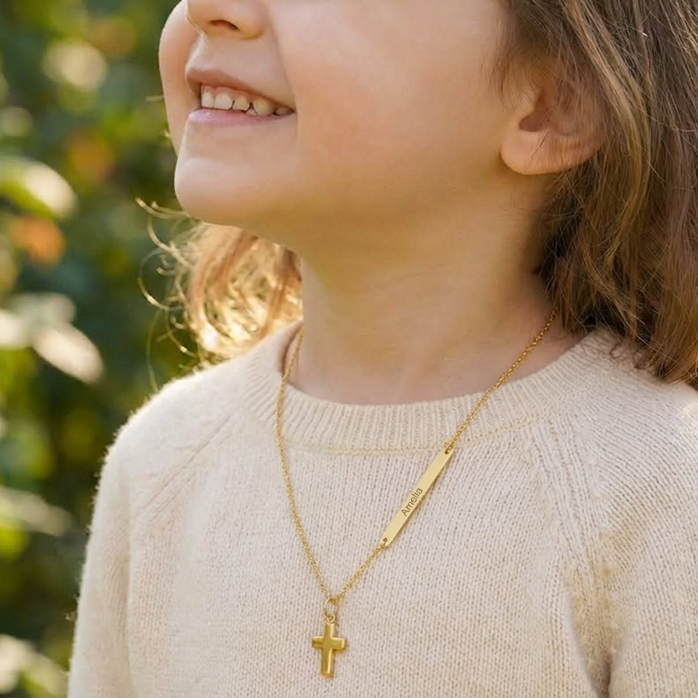 Personalized Childrens Name Necklace with a Tiny Cross - Glaxias