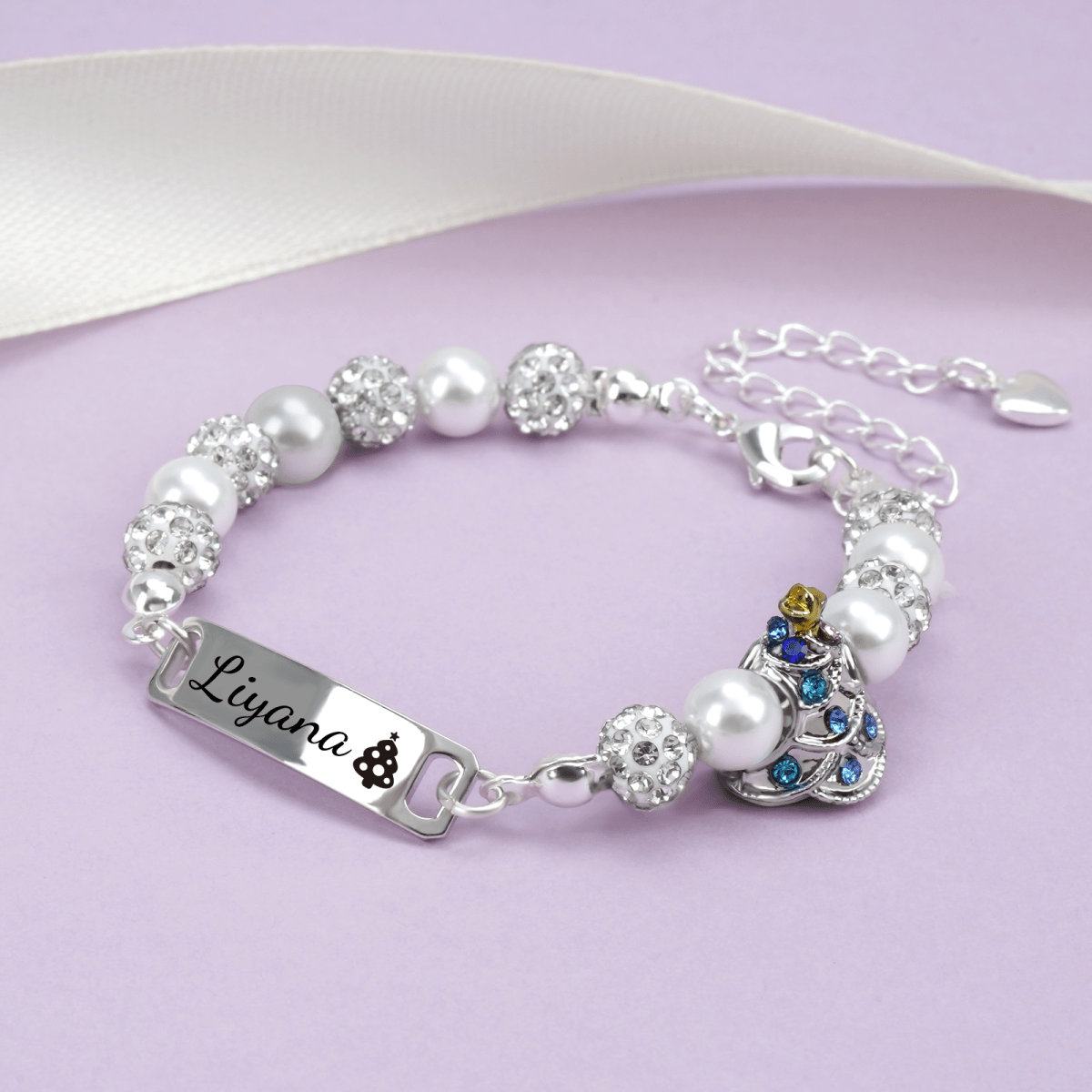 Personalized Christmas Tree Pearl Name Bracelet - Glaxias