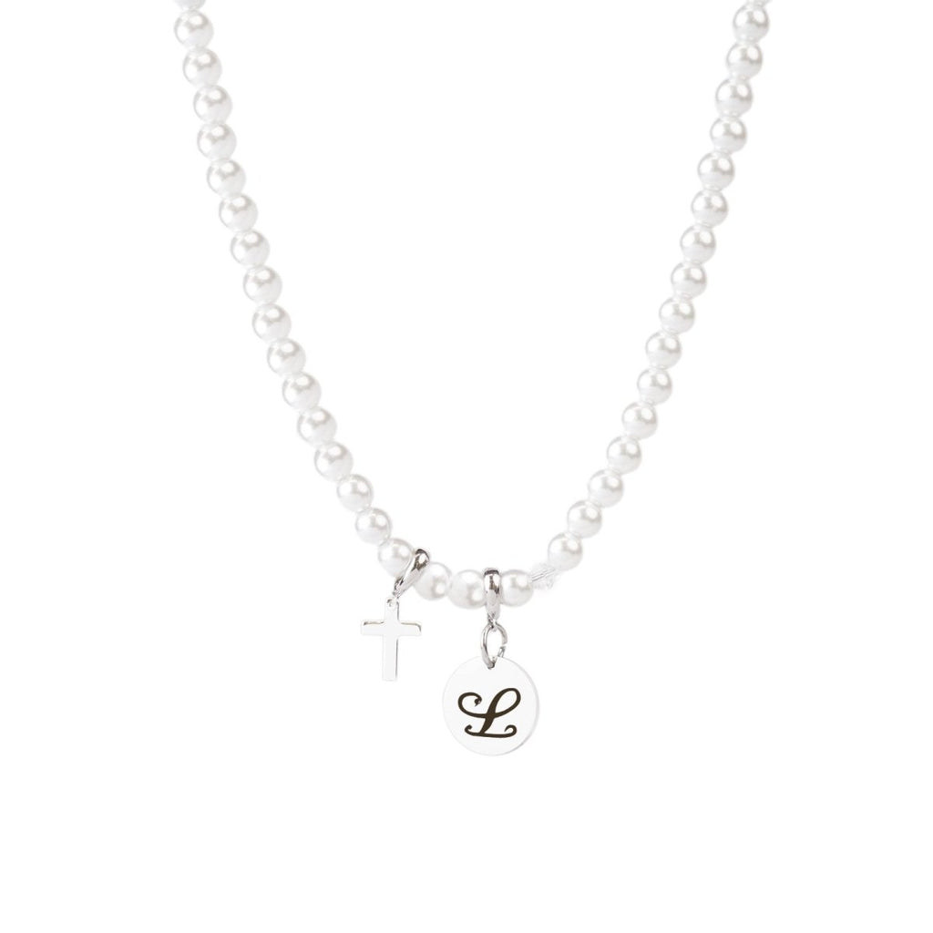 Personalized Girls Cross and Pearl Necklace with Initial - Glaxias