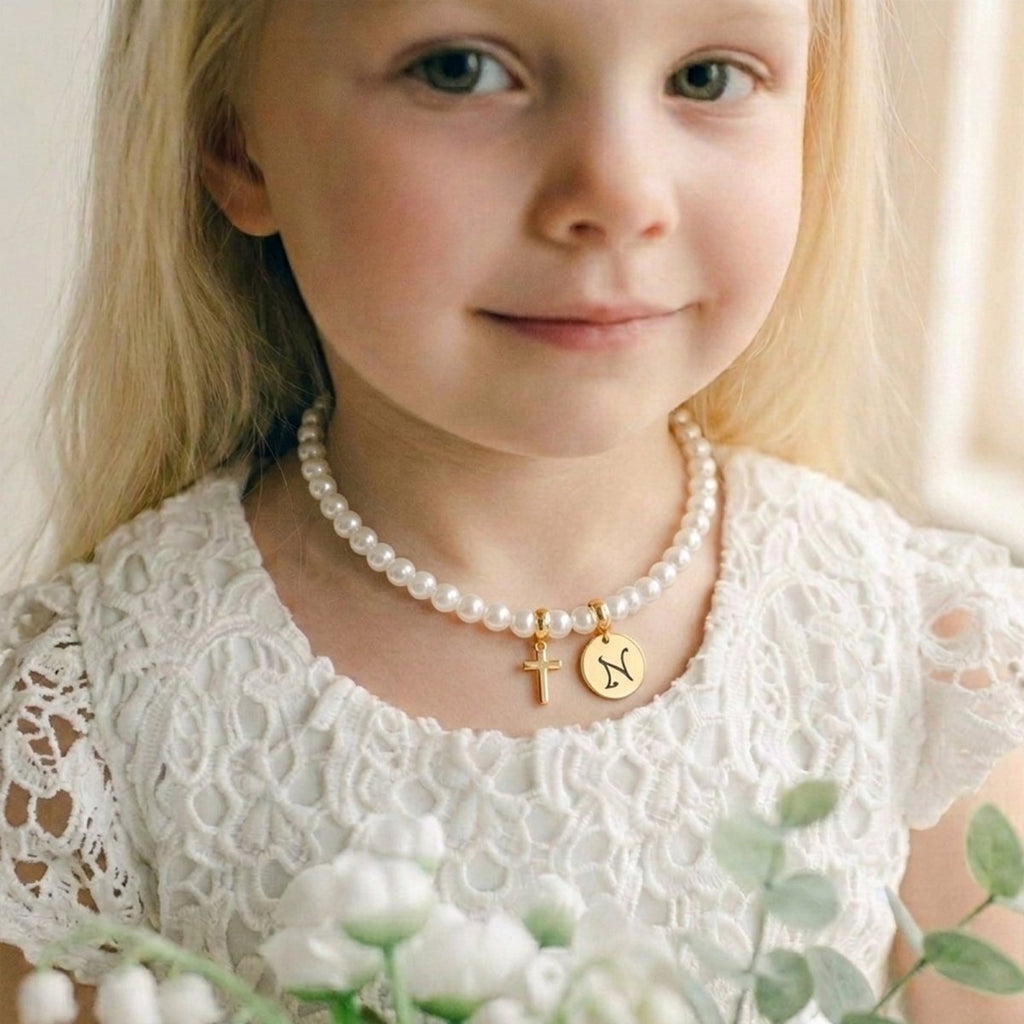 Personalized Girls Cross and Pearl Necklace with Initial - Glaxias