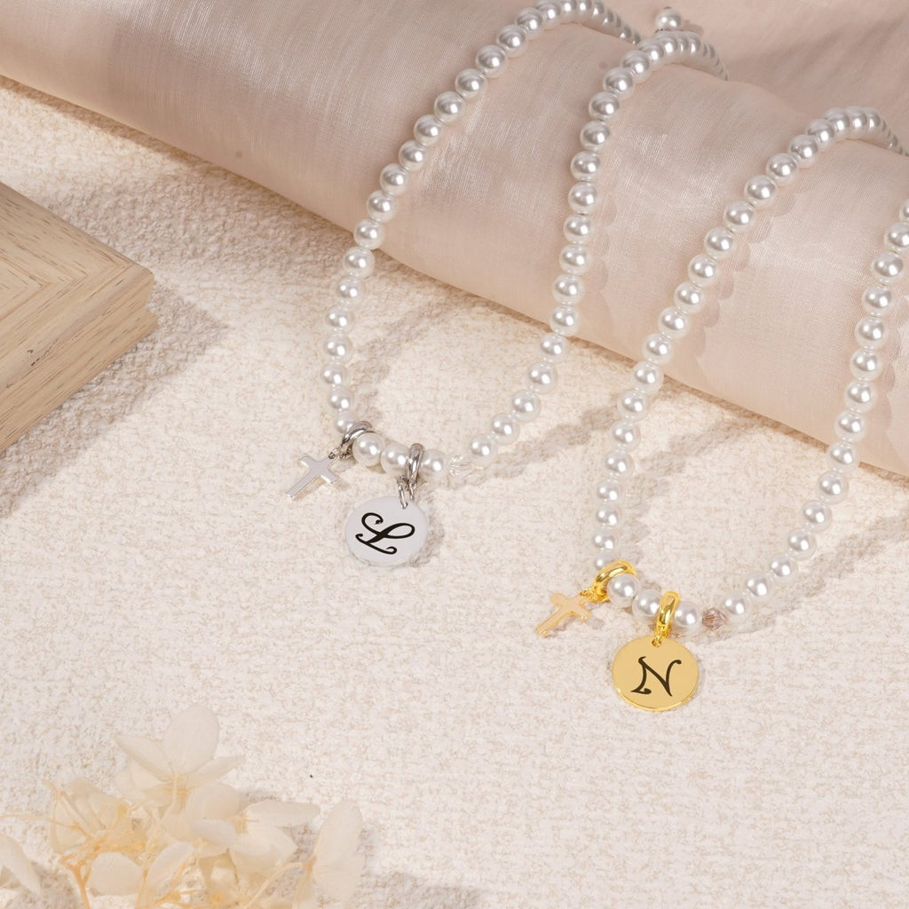 Personalized Girls Cross and Pearl Necklace with Initial - Glaxias