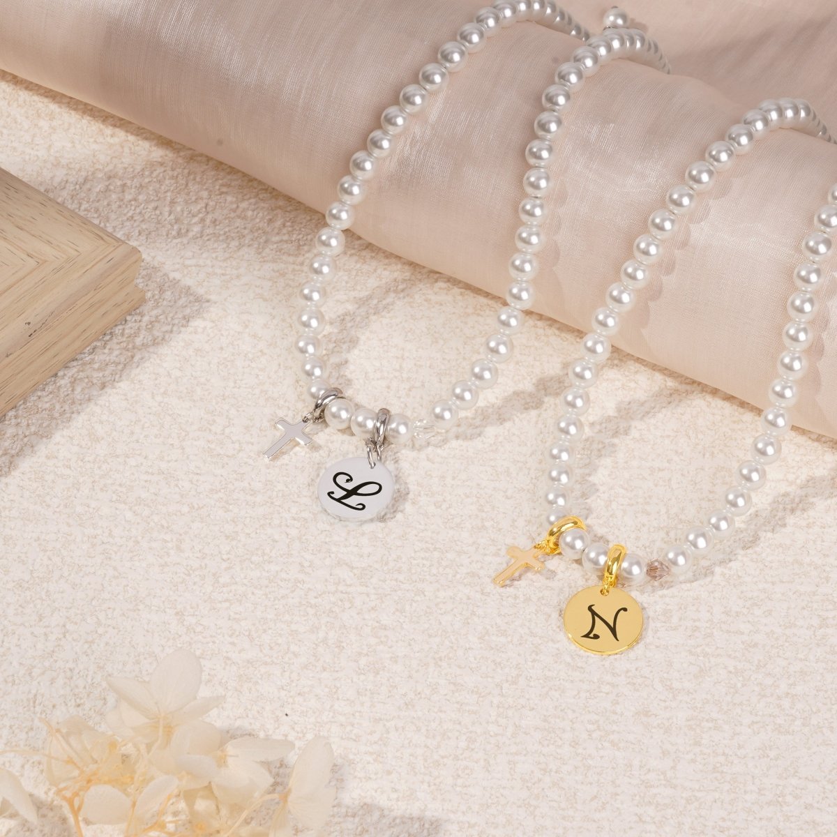 Personalized Girls Cross and Pearl Necklace with Initial - Glaxias