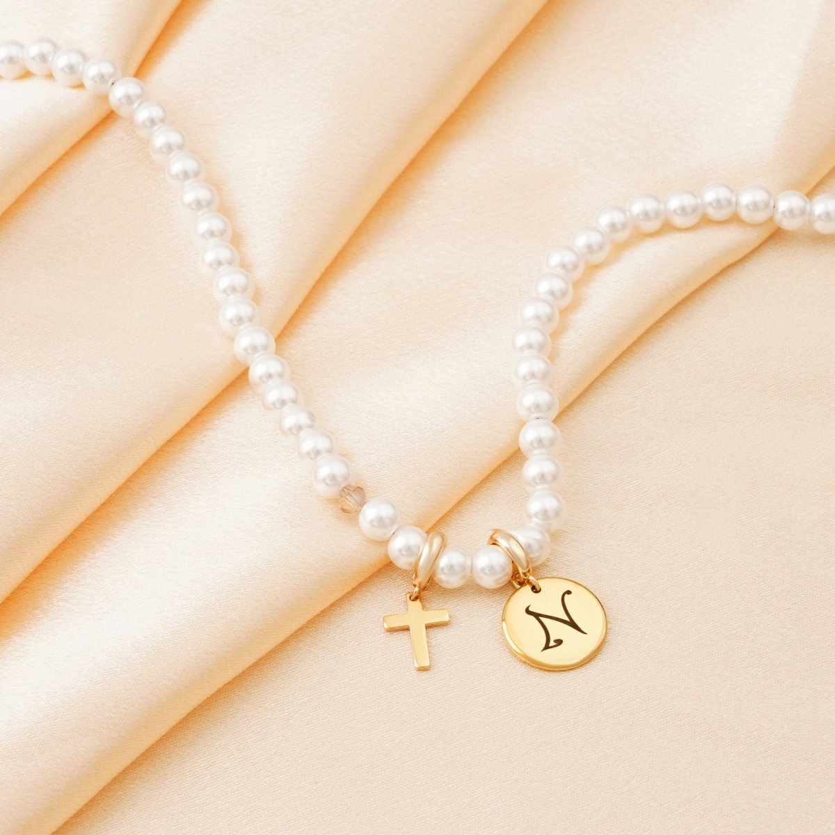 Personalized Girls Cross and Pearl Necklace with Initial - Glaxias