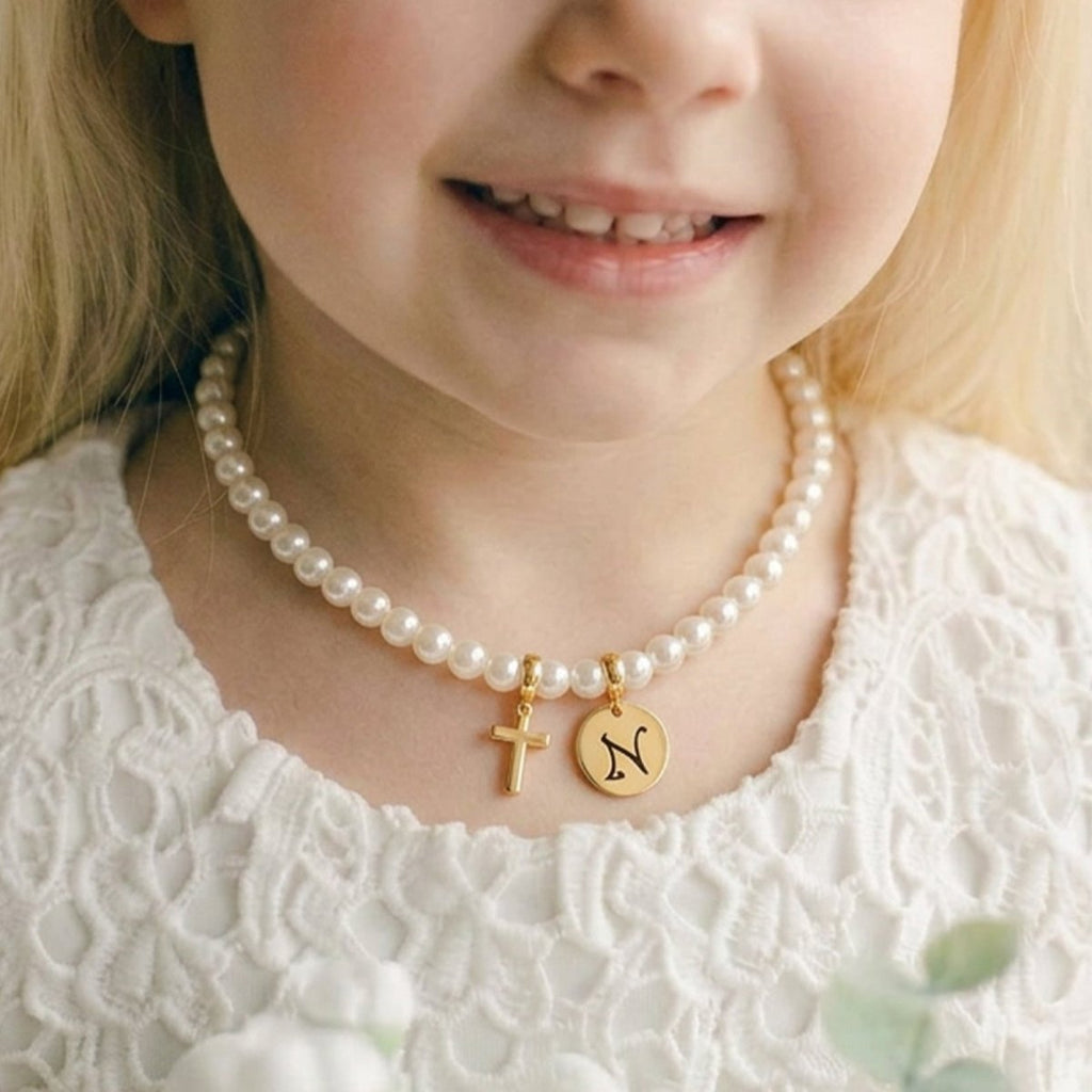 Personalized Girls Cross and Pearl Necklace with Initial - Glaxias