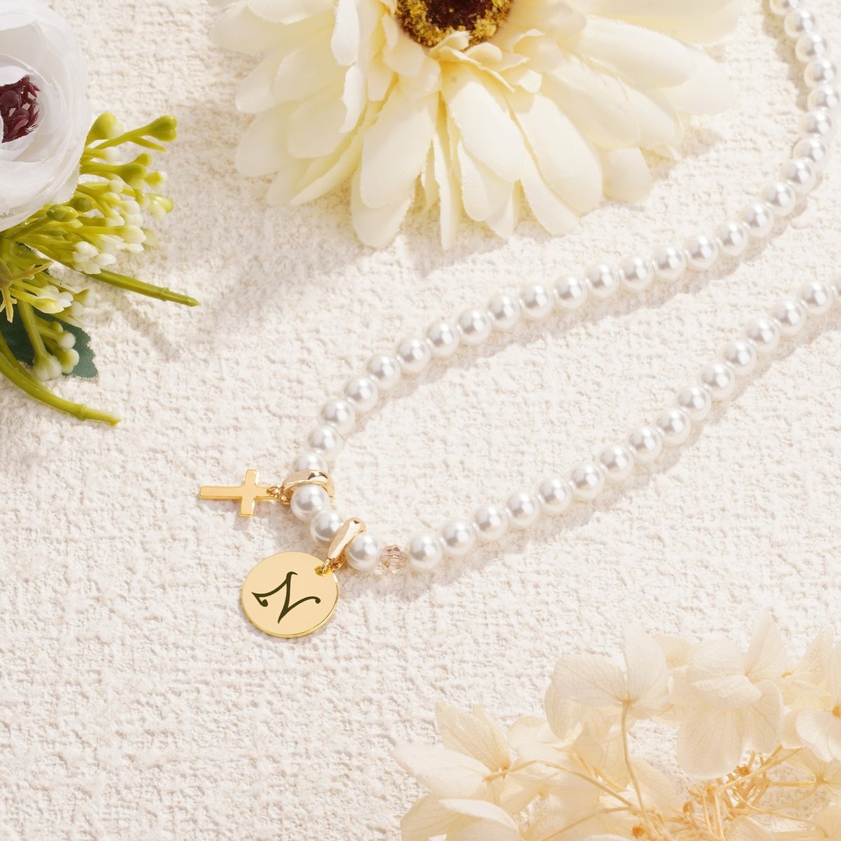 Personalized Girls Cross and Pearl Necklace with Initial - Glaxias