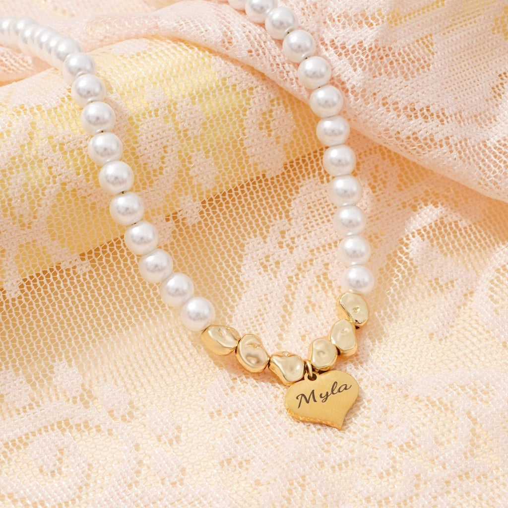 Personalized Girl's Name Heart Pearl Necklace - Glaxias