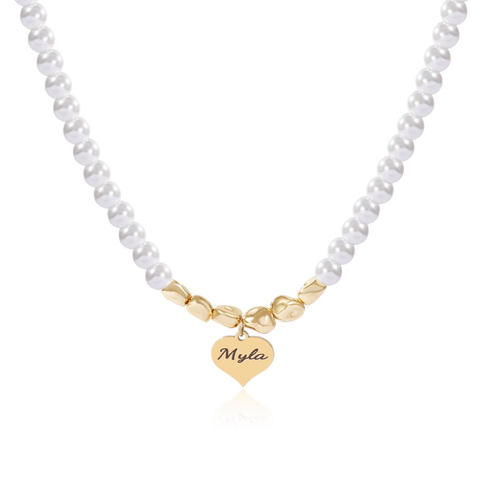 Personalized Girl's Name Heart Pearl Necklace - Glaxias