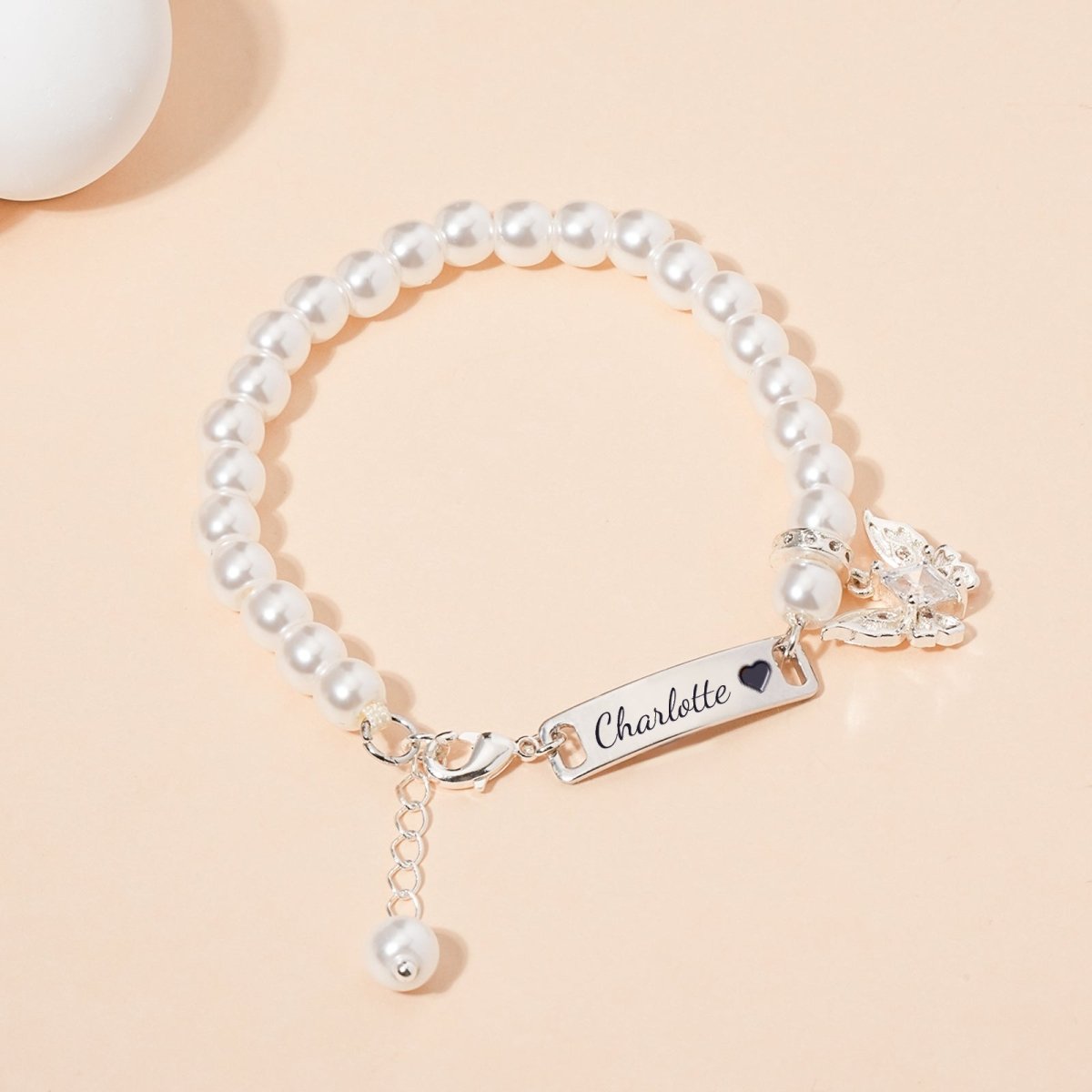 Personalized Girl's Pearl Identity Bracelet ¨C Crystal Butterfly Charm - Glaxias
