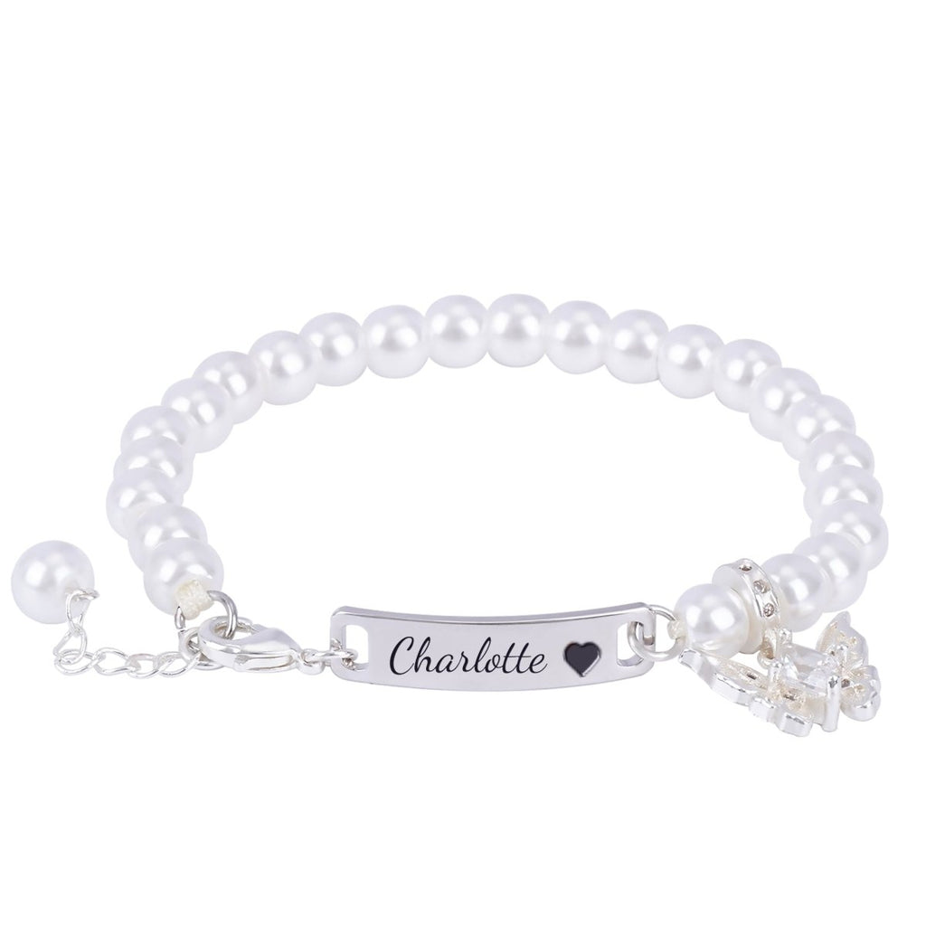 Personalized Girl's Pearl Identity Bracelet ¨C Crystal Butterfly Charm - Glaxias