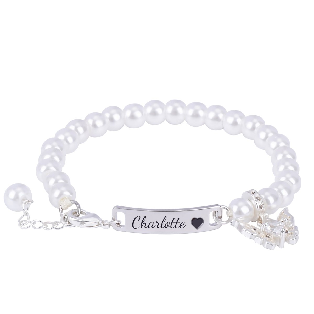 Personalized Girl's Pearl Identity Bracelet ¨C Crystal Butterfly Charm - Glaxias