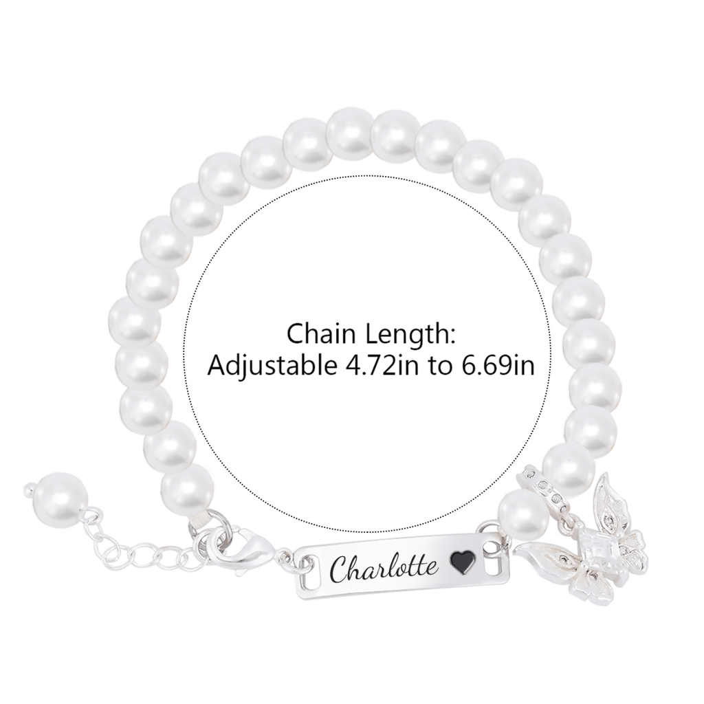 Personalized Girl's Pearl Identity Bracelet ¨C Crystal Butterfly Charm - Glaxias
