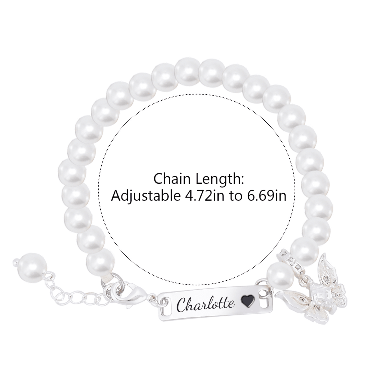 Personalized Girl's Pearl Identity Bracelet ¨C Crystal Butterfly Charm - Glaxias