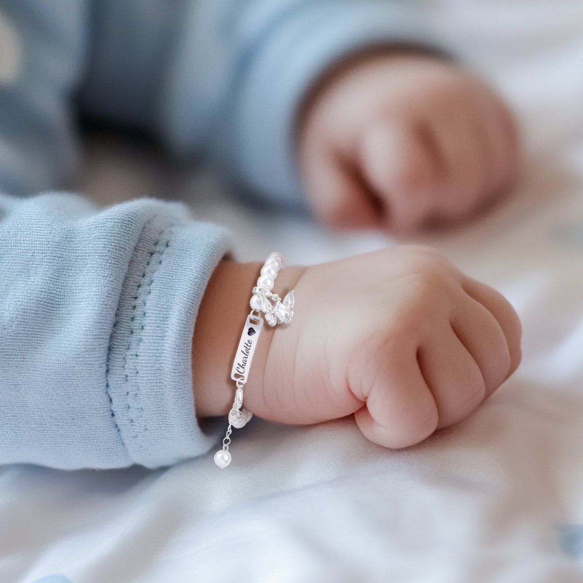 Personalized Girl's Pearl Identity Bracelet ¨C Crystal Butterfly Charm - Glaxias