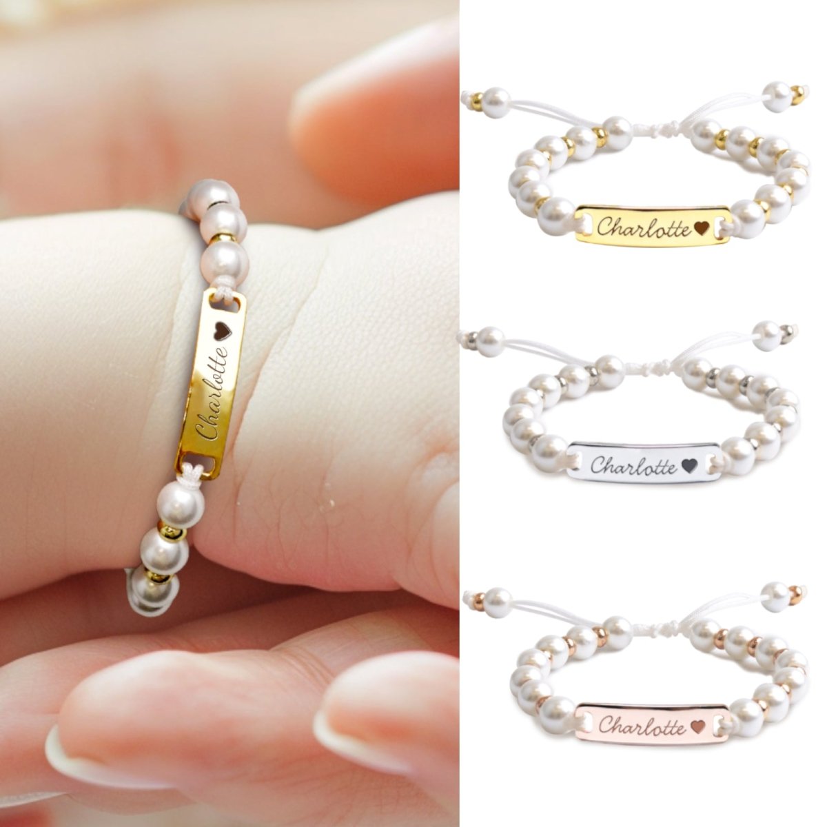 Personalized Handmade Braided Cord Baby Name Pearl Bracelet - Glaxias