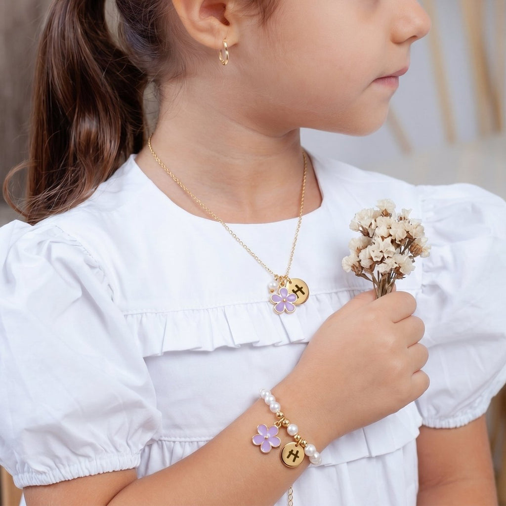 Personalized Initial Flower Girl Bracelet & Necklace Set - Glaxias