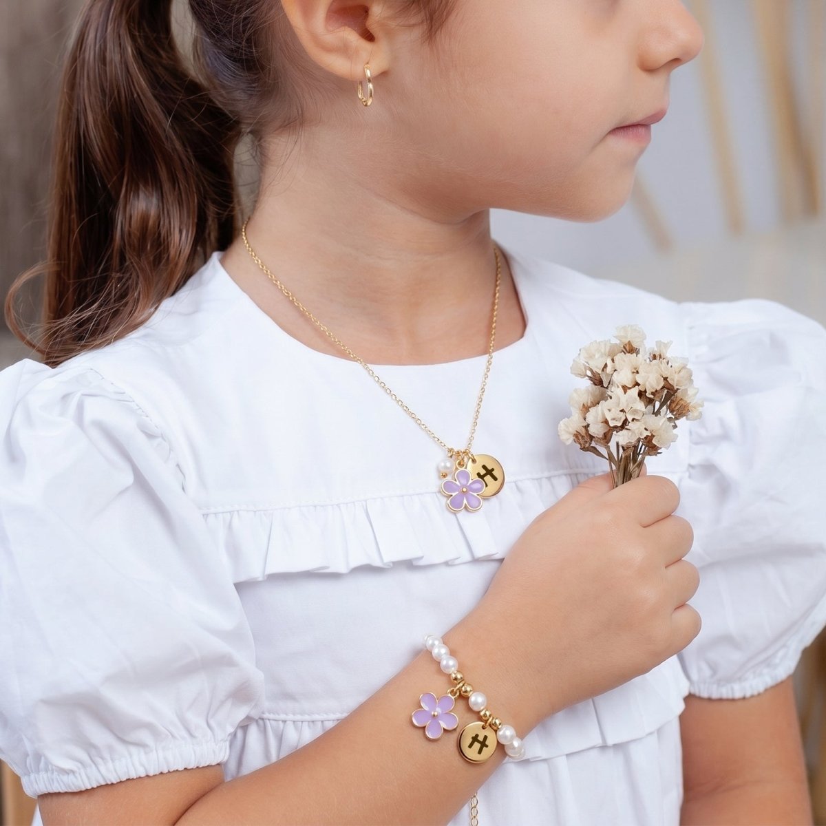 Personalized Initial Flower Girl Bracelet & Necklace Set - Glaxias