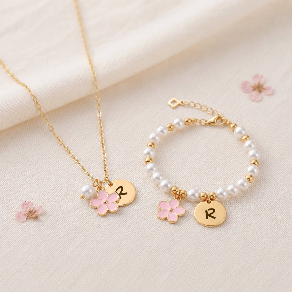 Personalized Initial Flower Girl Bracelet & Necklace Set - Glaxias