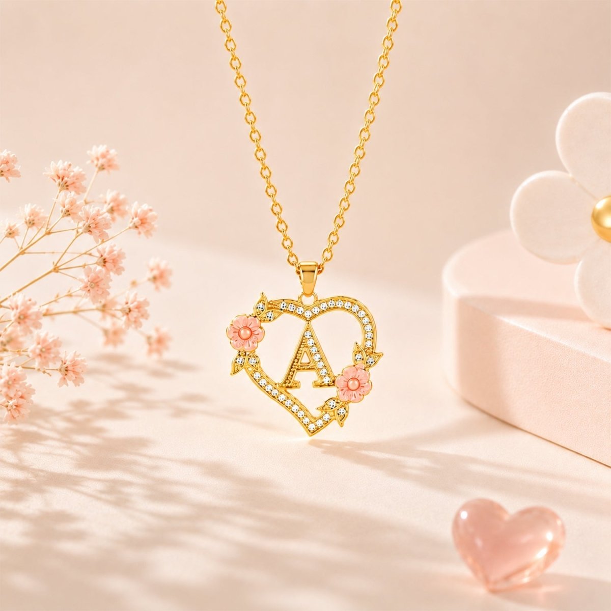 Personalized Initial Heart Flower Necklace - Glaxias