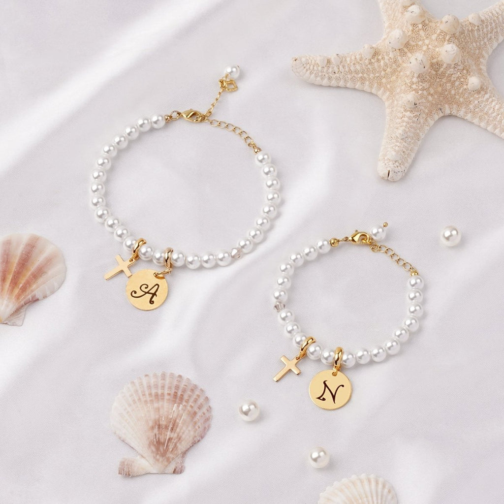 Personalized Initial Mom and Daughter Pearl Bracelet Set - Glaxias