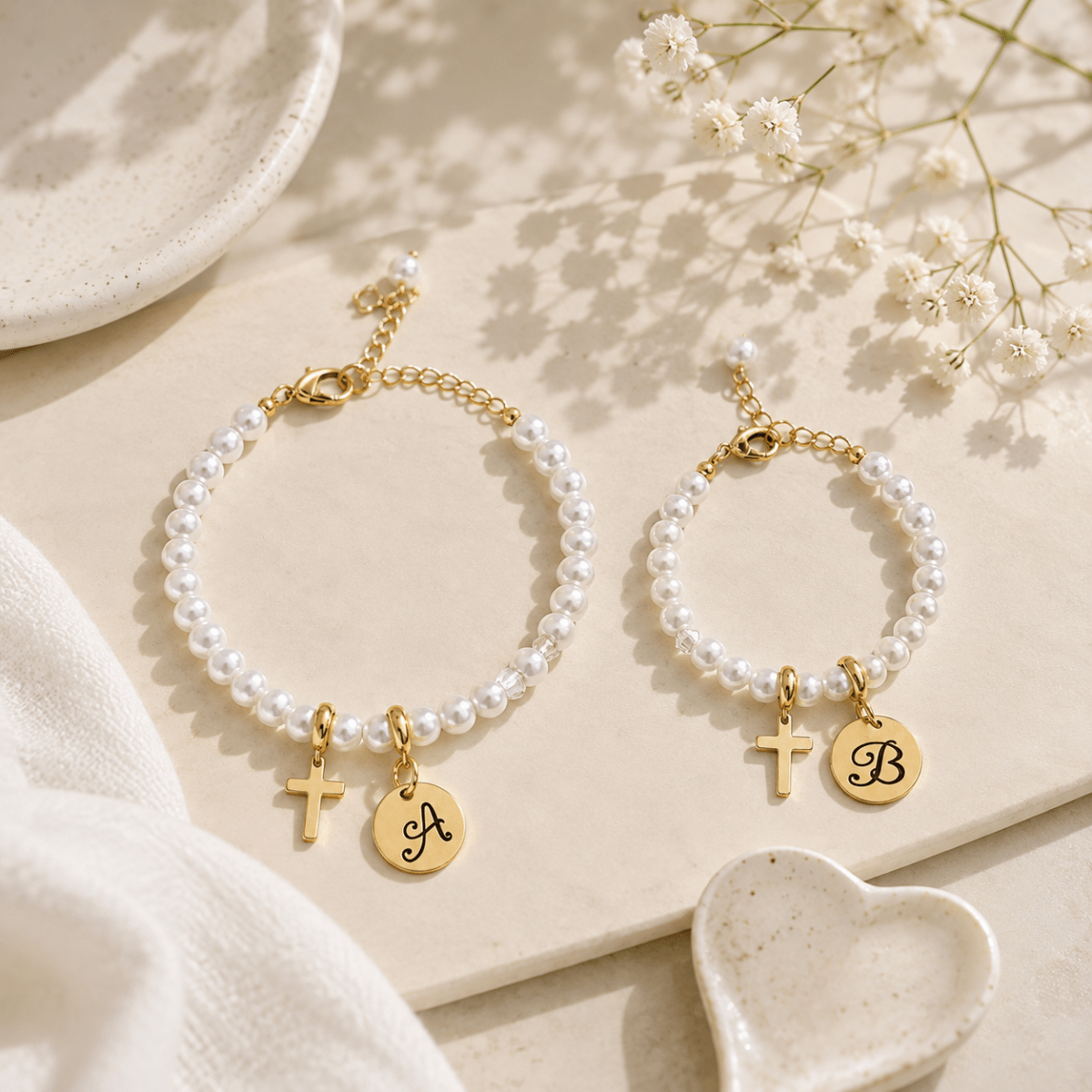 Personalized Initial Mom and Daughter Pearl Bracelet Set - Glaxias