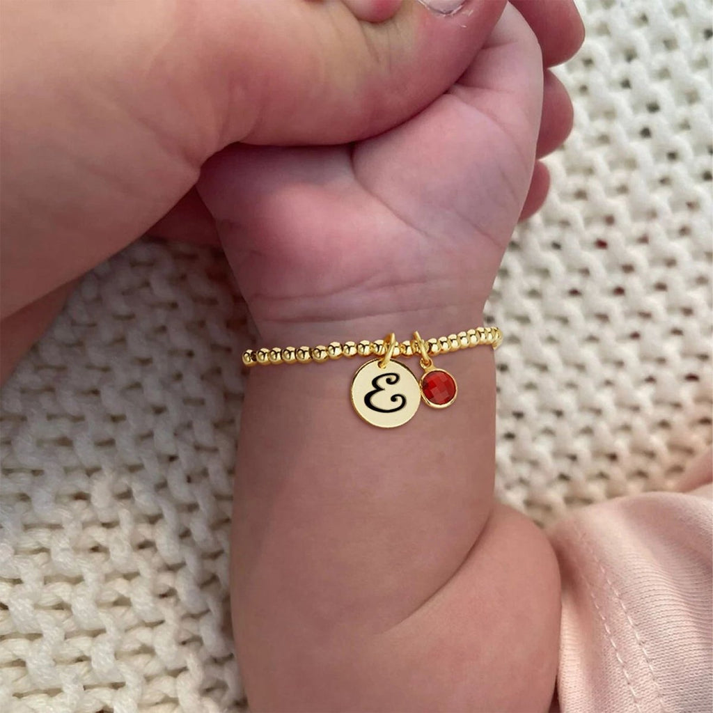 Personalized Initials Disc Birthstone Charm Baby Bracelet - Glaxias