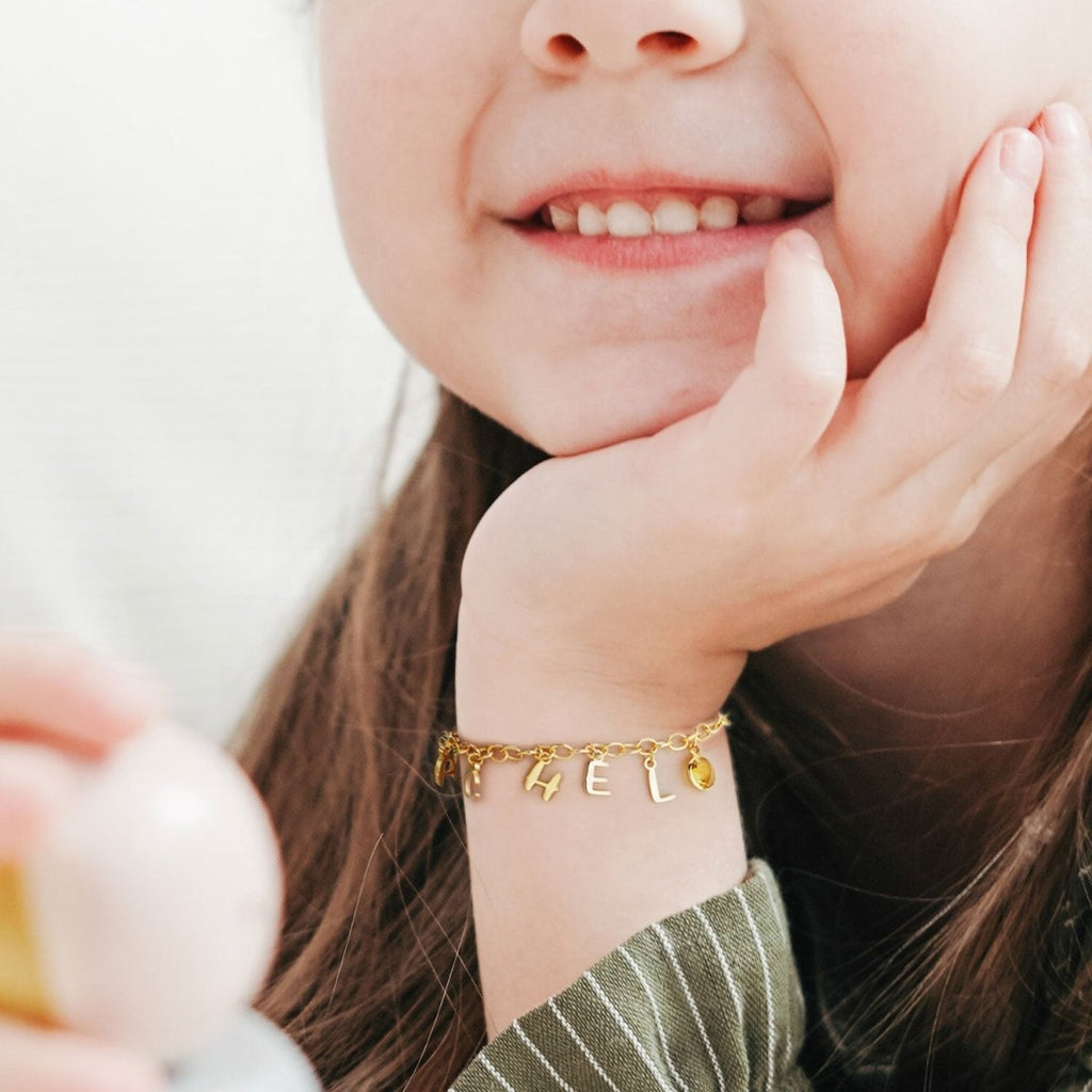 Personalized Kids Letter and Birthstone Charm Bracelet - Glaxias