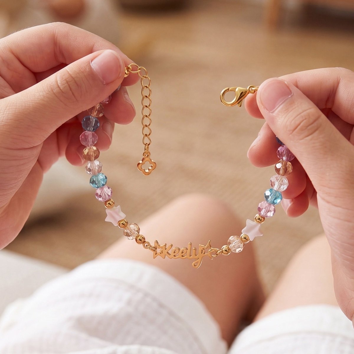 Personalized Kids Name Bracelet with Crystal Beads & Star Charms - Glaxias