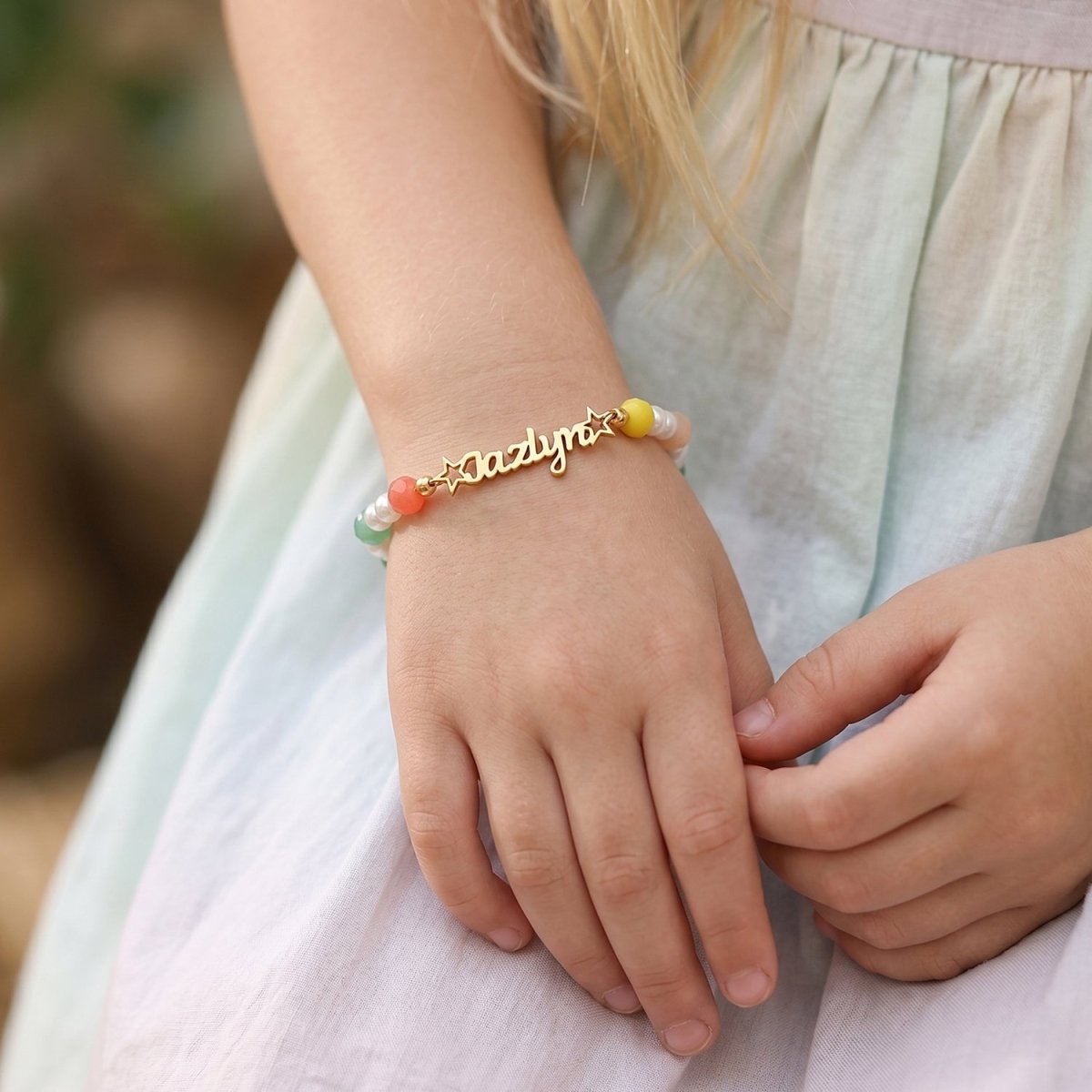 Personalized Kids Name Bracelet with Crystal Beads & Star Charms - Glaxias