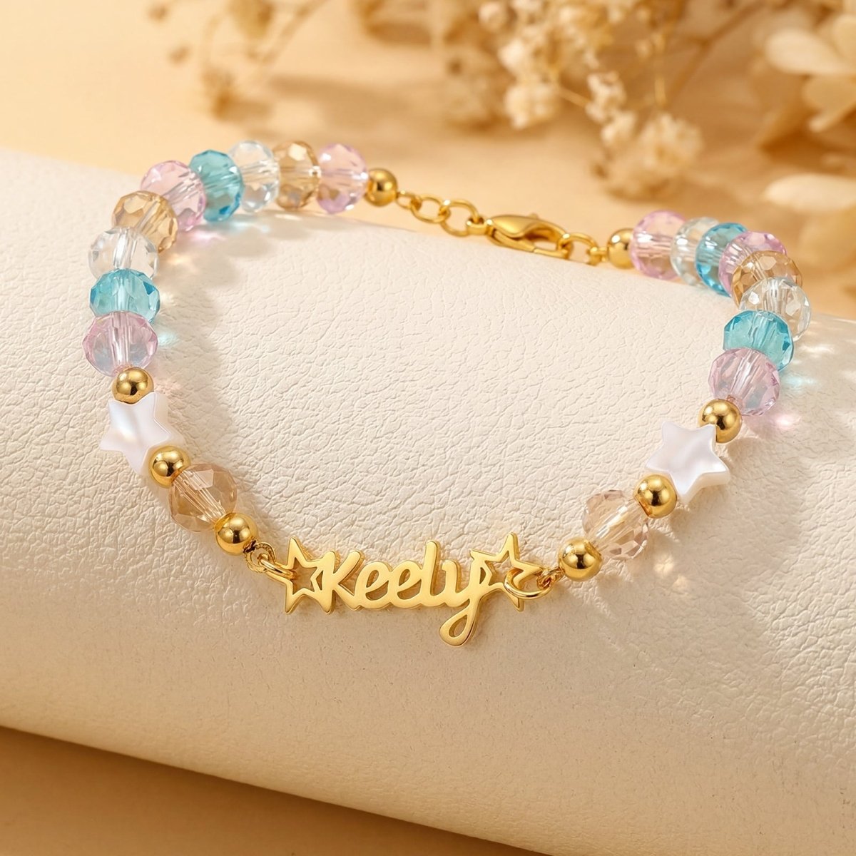 Personalized Kids Name Bracelet with Crystal Beads & Star Charms - Glaxias
