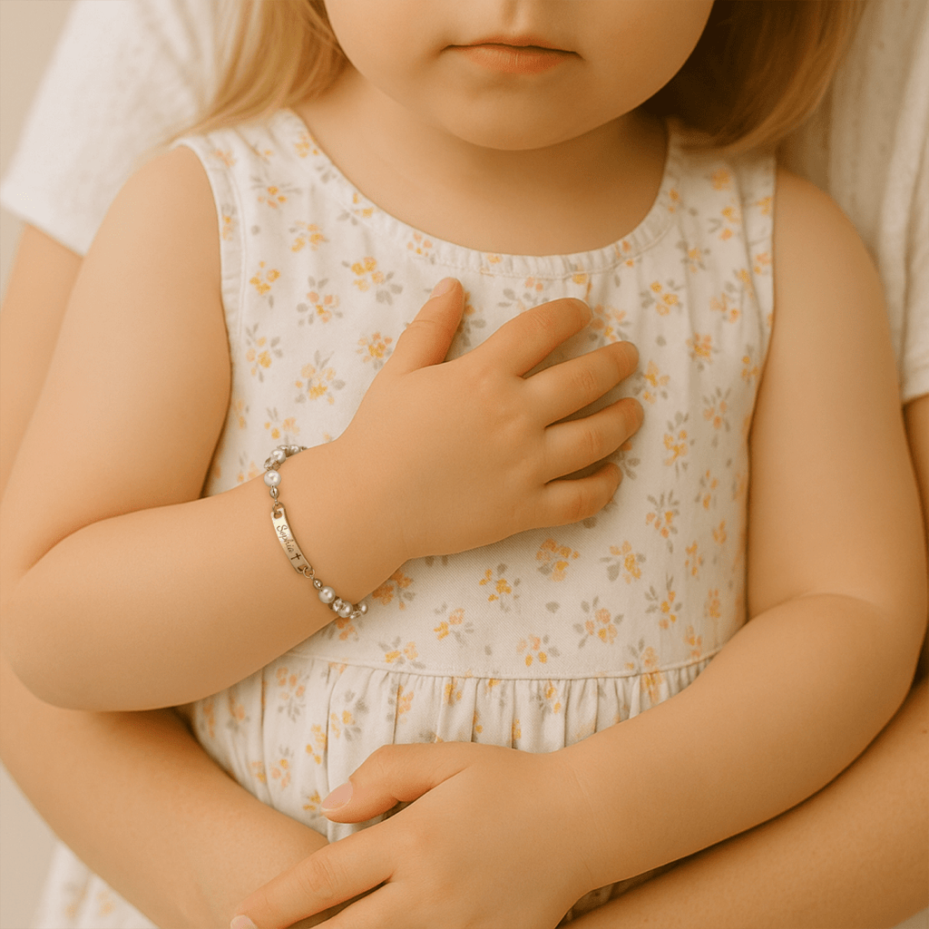 Personalized Kids Pearl & CZ Nameplate Bracelet - Glaxias