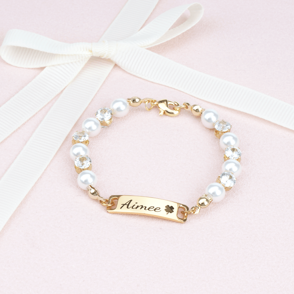 Personalized Kids Pearl & CZ Nameplate Bracelet - Glaxias