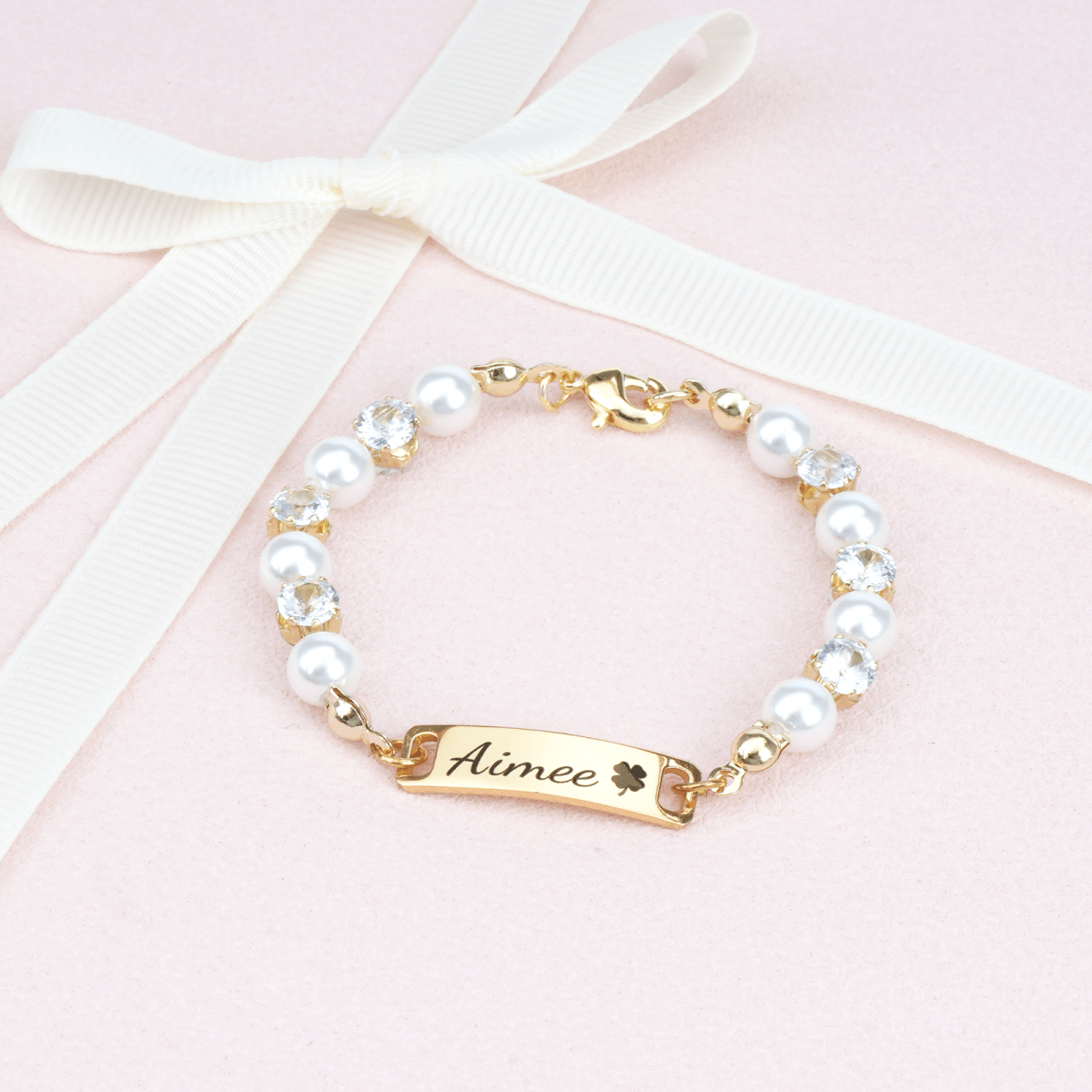 Personalized Kids Pearl & CZ Nameplate Bracelet - Glaxias