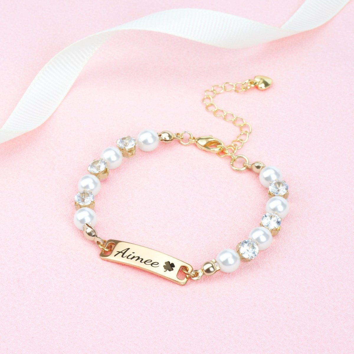 Personalized Kids Pearl & CZ Nameplate Bracelet - Glaxias