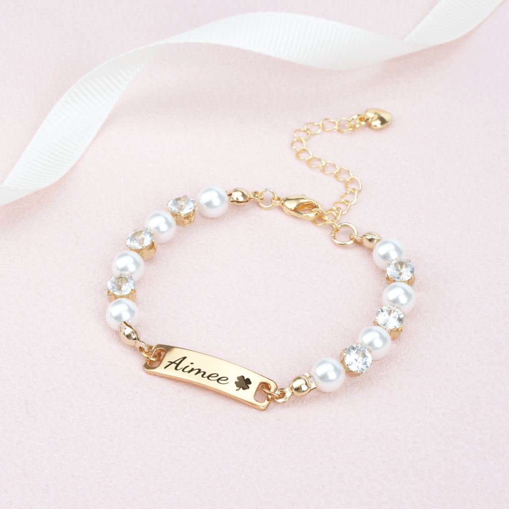 Personalized Kids Pearl & CZ Nameplate Bracelet - Glaxias