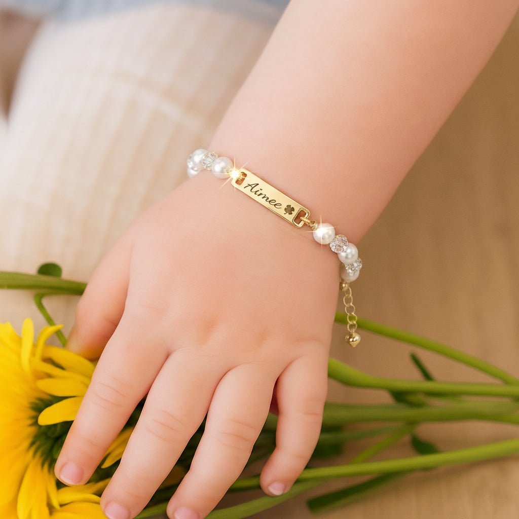Personalized Kids Pearl & CZ Nameplate Bracelet - Glaxias