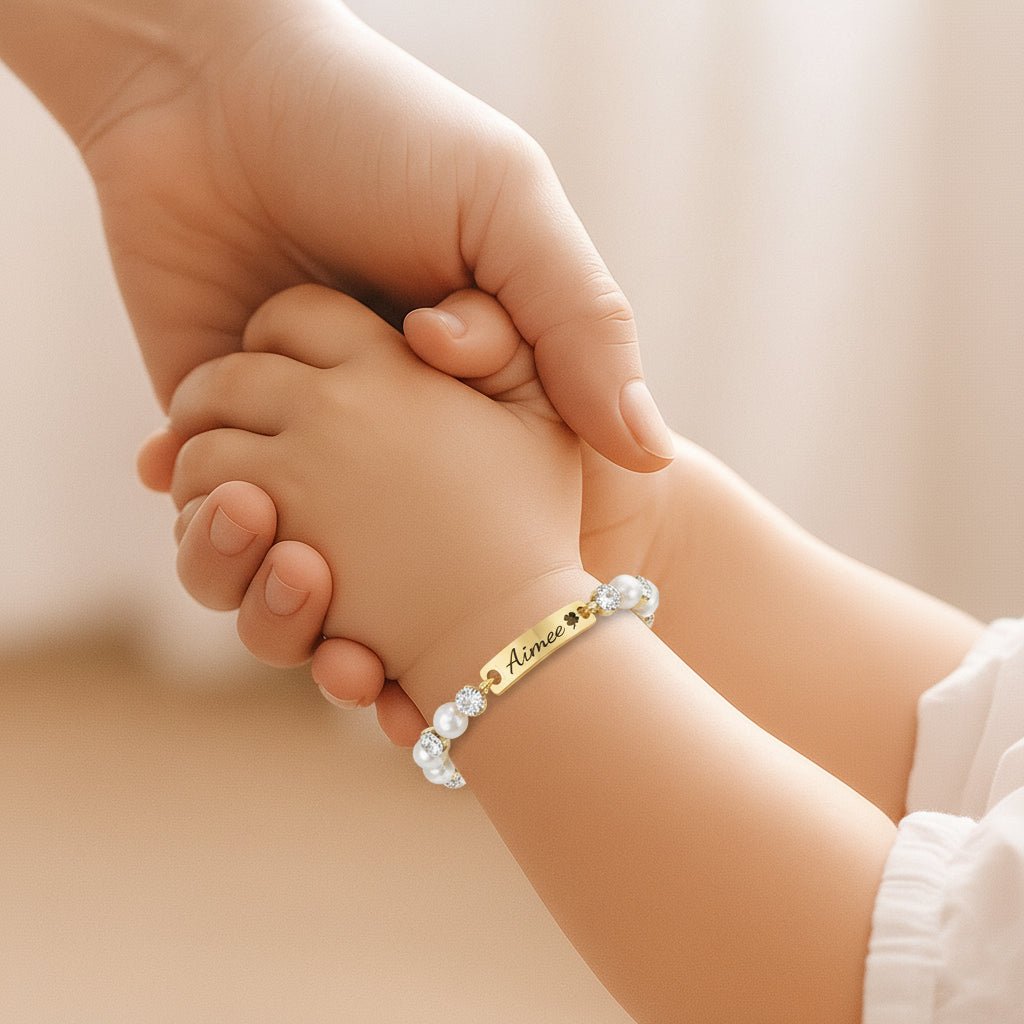 Personalized Kids Pearl & CZ Nameplate Bracelet - Glaxias
