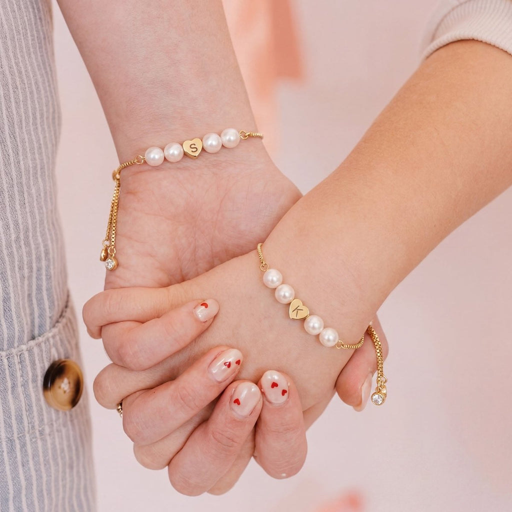Personalized Mother & Daughter Pearl Heart Bracelet - Glaxias