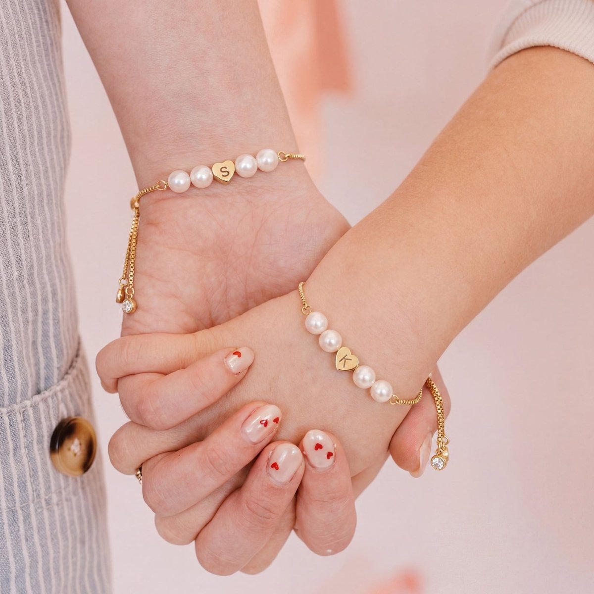 Personalized Mother & Daughter Pearl Heart Bracelet - Glaxias
