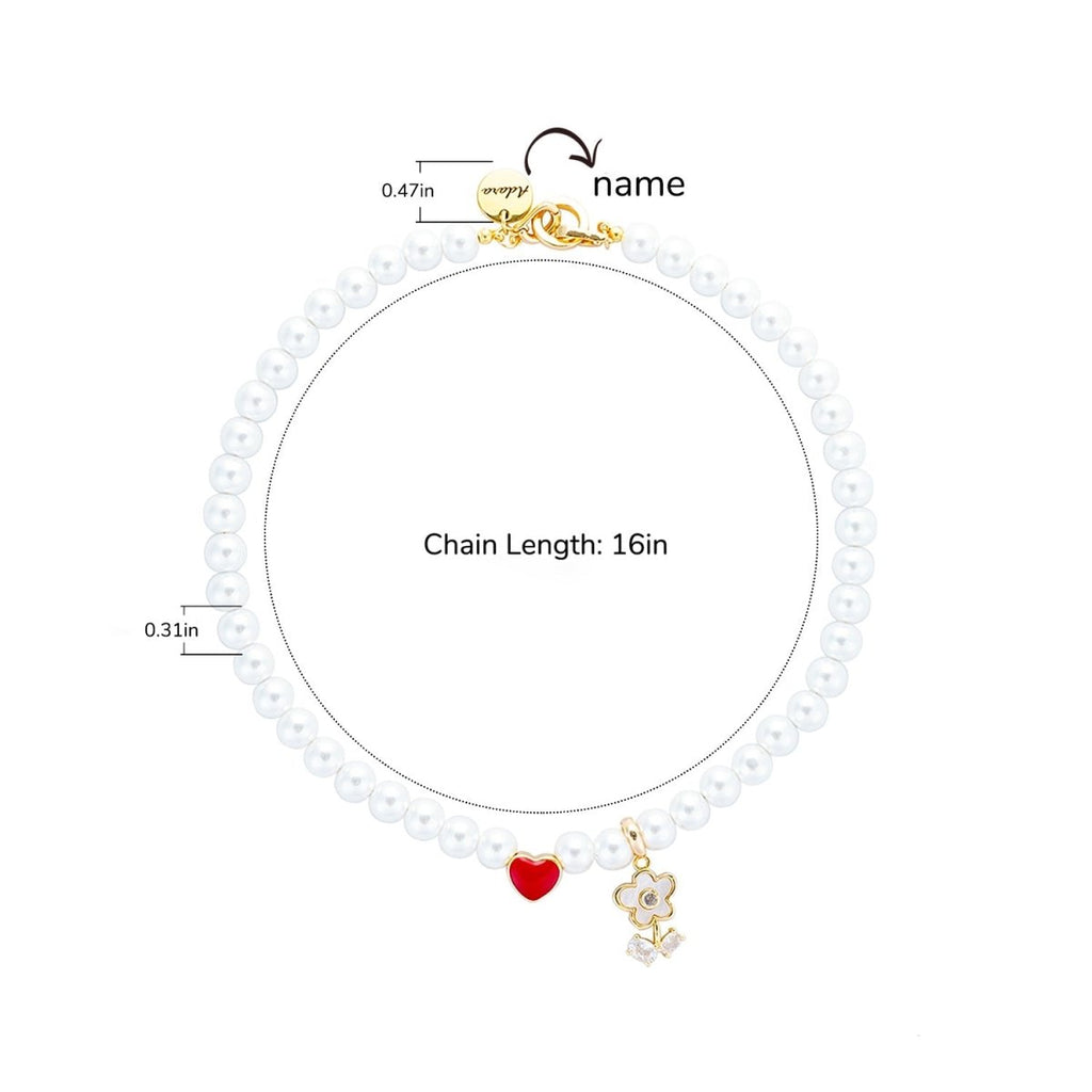 Personalized Name Girl's Heart Flower Charm Pearl Necklace - Glaxias