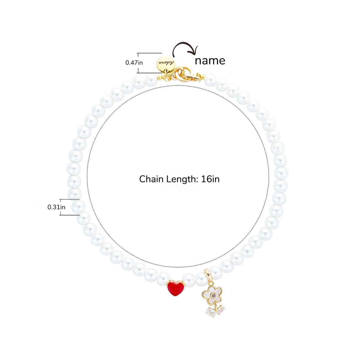 Personalized Name Girl's Heart Flower Charm Pearl Necklace - Glaxias