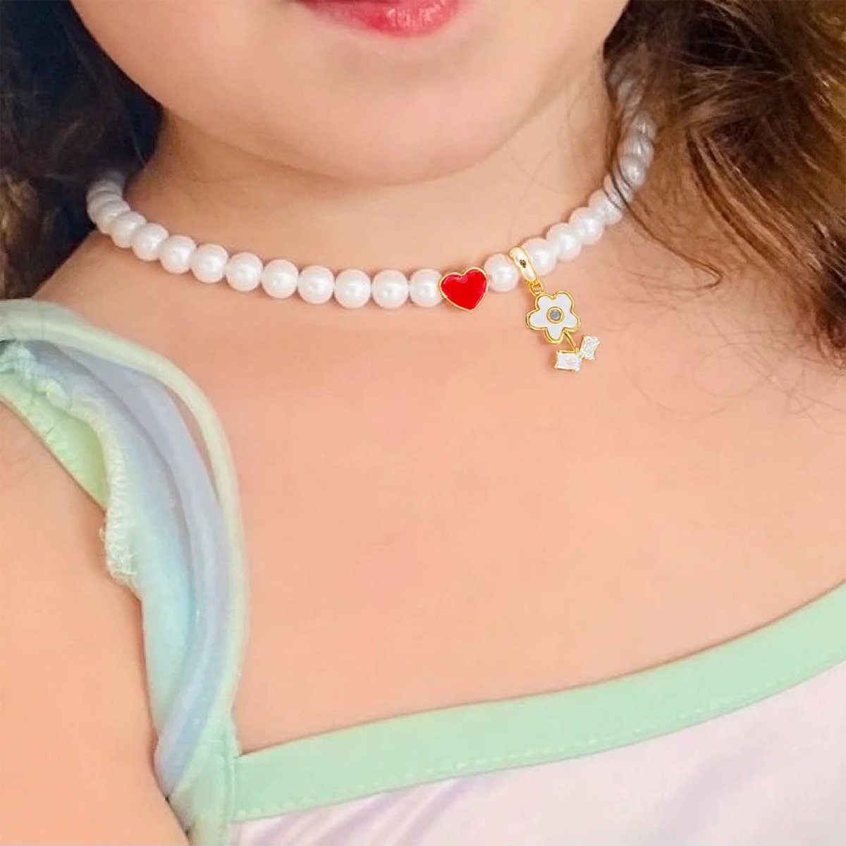Personalized Name Girl's Heart Flower Charm Pearl Necklace - Glaxias